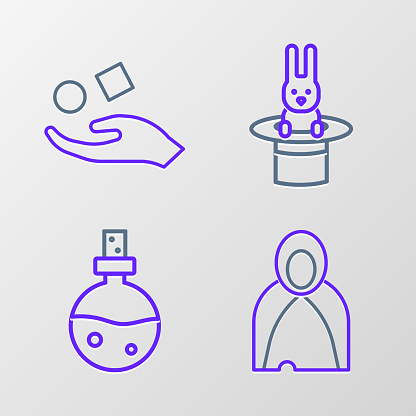 Set line Mantle cloak cape Bottle with love potion Magician hat and rabbit and Cube levitating above hand icon. Vector.