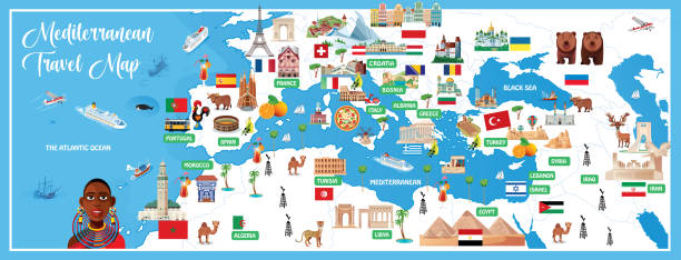 reisekarte mittelmeerländer - mediterranean cuisine stock-grafiken, -clipart, -cartoons und -symbole
