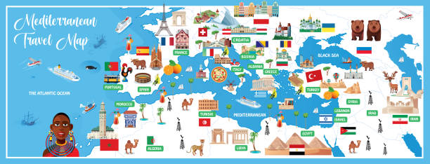 bildbanksillustrationer, clip art samt tecknat material och ikoner med mediterranean countries travel map - illustrationer med björn