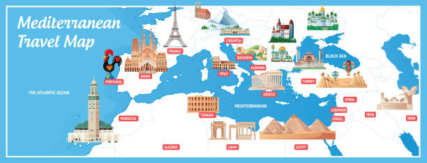 illustrazioni stock, clip art, cartoni animati e icone di tendenza di mappa dei cartoni animati del mediterraneo - moschea hassan ii