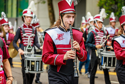 Portland, Oregon, USA - June 11, 2022: Franklin High School Marching Band in the Grand Floral Parade, during Portland Rose Festival 2022.