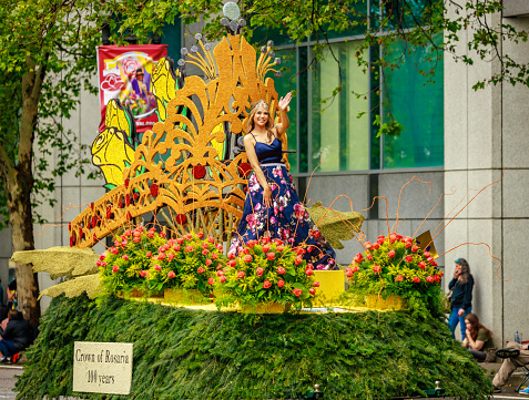 Portland, Oregon, USA - June 11, 2022: Crown of Rosaria 100 years Float in the Grand Floral Parade, during Portland Rose Festival 2022.
