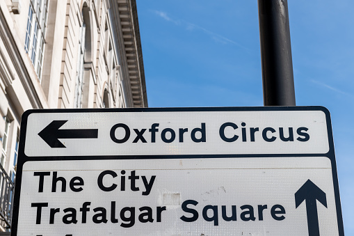 Street traffic sign for Oxford Circus, The City and Trafalgar Square. Famous destinations in London, United Kingdom.