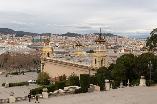Barcelona, Spain, January 18, 2020: Elevated view from Montjuic looking down over the buildings and urban landscape of Barcelona