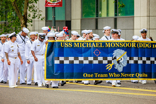 Portland, Oregon, USA - June 11, 2022: USS Michael Monsoor crew in the Grand Floral Parade, during Portland Rose Festival 2022.