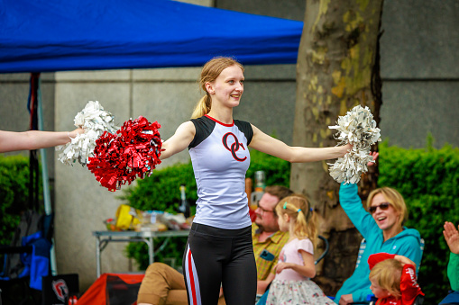 Portland, Oregon, USA - June 11, 2022: Oregon City High School Marching Band in the Grand Floral Parade, during Portland Rose Festival 2022.