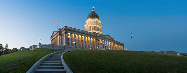 Capitol Building illuminated at dusk Salt Lake City Utah stock photo