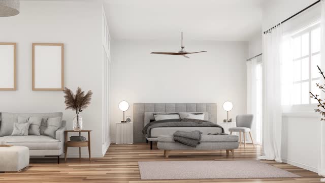 Animation of modern style white bedroom and living room3d render