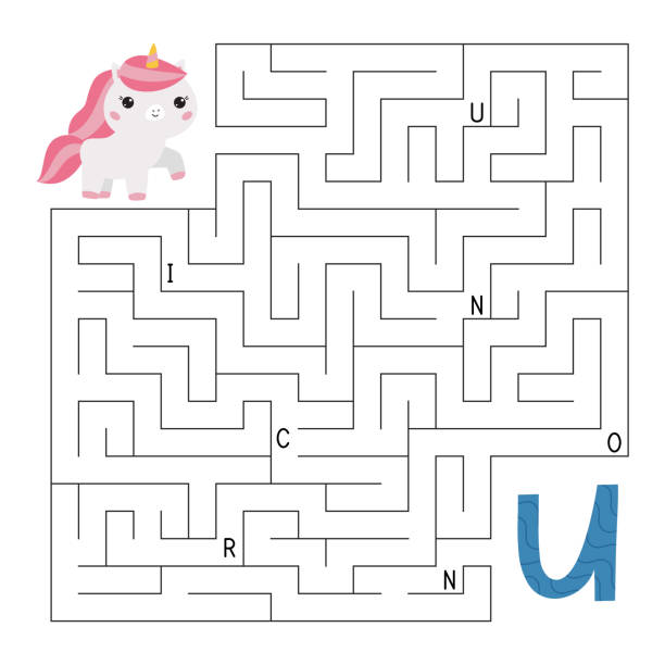 Learn letters. ABC maze game. Educational puzzle for children. Help the unicorn find right way to the letter U. Activity worksheet with labyrinth. Learn English language. Vector illustration. letter u with words stock illustrations