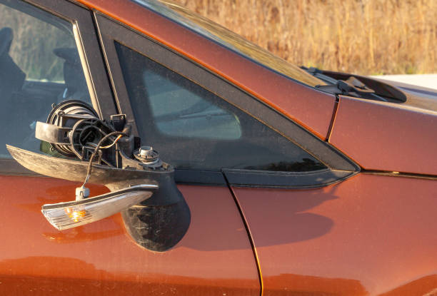 Broken side mirror on dirty car closeup, road accident Broken side mirror on dirty car closeup. Damaged right door mirror close up, road accident broken side view mirror stock pictures, royalty-free photos & images