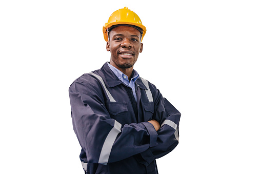 Portrait African black engineer leader worker in safety suit standing confident arm folded smile isolated on white background