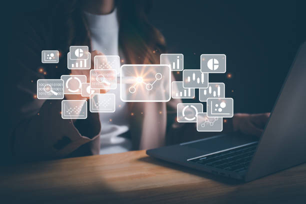 istock Businesswoman working on laptop and using a stylus pen for big data analytics and business intelligence with chart and graph icons. Goal acheiveement and success concept. Digital screen. 1486501346