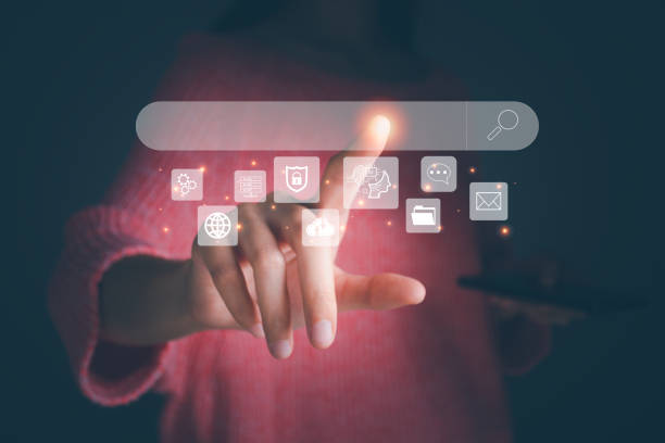 istock Woman search with Ai assistant on Virtual Screen, Using web Console for data, SEO, female an use computer to Searching for information. Data Search Technology Search Engine Optimization. 1486501347