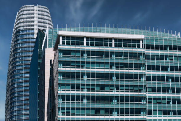 Closeup modern office building with reflection, Sydney, abstract background with copy space, full frame horizontal composition
