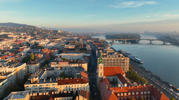 istock Budapest sunrise skyline, aerial view. Danube river, Buda side, Hungary 1486503031