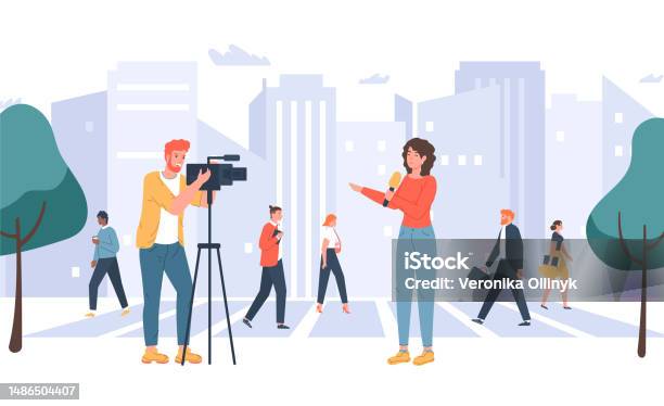 Reporters Rendering Stand In Media Tv Journalists Operator Shooting Reporter With Microphone Telling ...