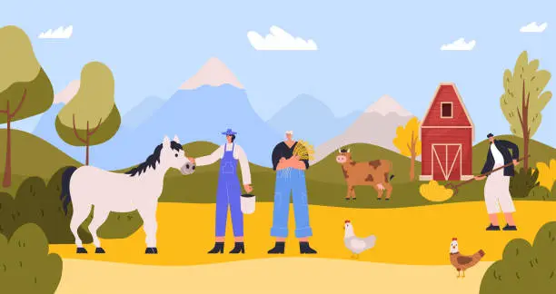 Vector illustration of Farmer characters at farm agriculture. Woman holding bucket and feeding horse. Man working with rakes
