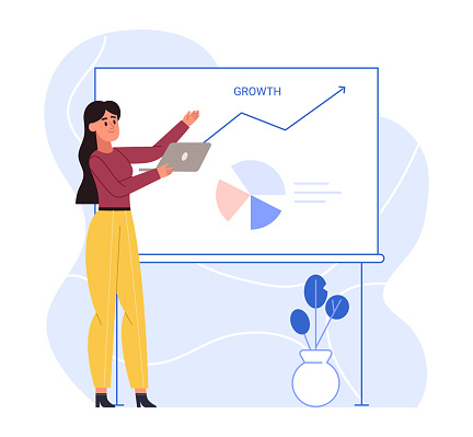 Business chart presentation, development marketing diagram growth. Woman employee demonstrating financial increase on graphic. Manager pointing on white board with progress vector illustration