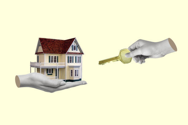 istock Creative art collage of hand with a key and house. 1486506272
