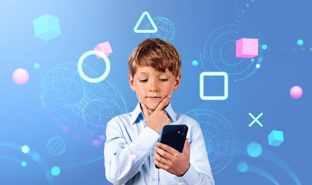 istock Pensive boy with smartphone, metaverse icons 1486506298