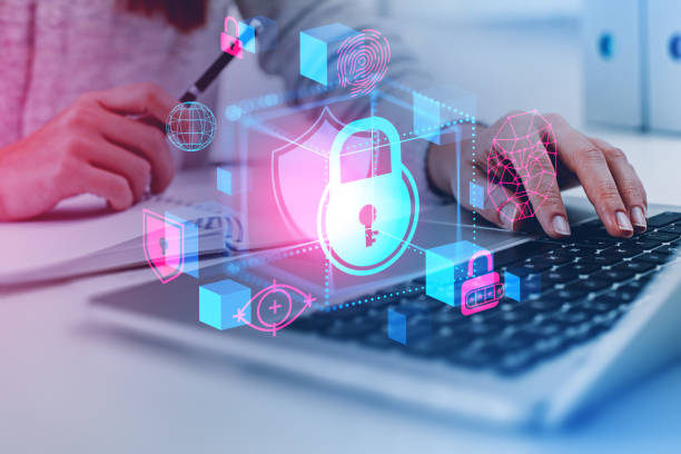 istock Woman hand and laptop, online cybersecurity and data protection 1486507124