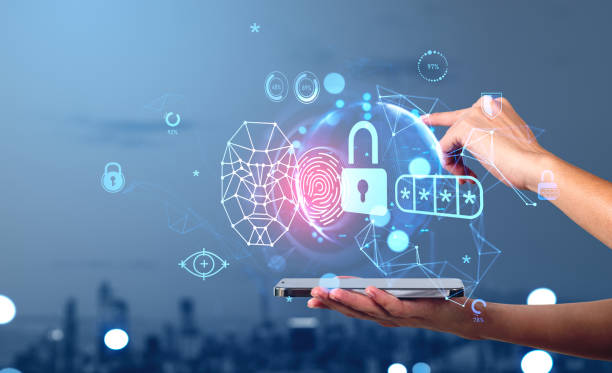 istock Woman hand with phone, finger touch digital hologram with data protection 1486507709