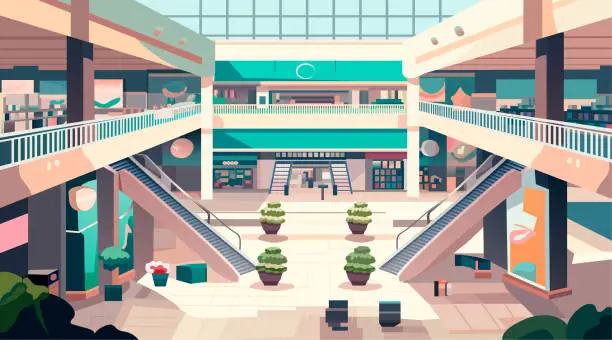 Vector illustration of modern retail store with many shops empty no people shopping mall interior horizontal