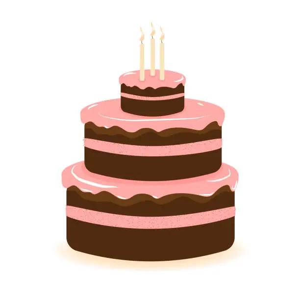 Vector illustration of Birthday chocolate cake, vector illustration of sweet pie with filling, three-tiered cake for holiday.