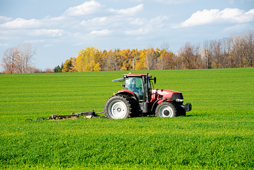 Close-up larger farm tractor with rotary cutter trailer on farmland meadow field, colorful fall foliage, cloud blue sky South Lockport, Niagara County, Upstate New York, USA. Agriculture industrial