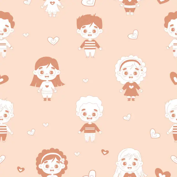 Vector illustration of Cute seamless pattern with kids. Funny smiling boys and girls on light background with hearts. Vector illustration. Childrens collection for design, decor, textile, wallpaper, packaging.