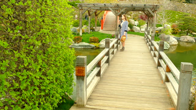 traveler on a wooden bridge in a Japanese park