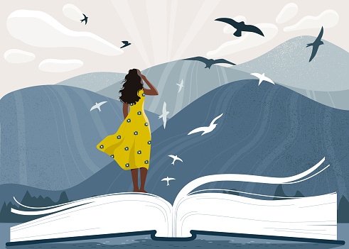 Book festival concept. Woman stand and look at birds next to mountains. Fantasy, dream and imagination. Fiction literature. International holiday. Reading and writing. Cartoon flat vector illustration