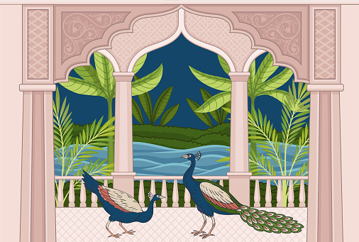 Mughal night concept. Palace with garden and colorful birds. Eastern architecture with traditional ornaments. Bright peacocks with beautiful tails. Cartoon flat vector illustration