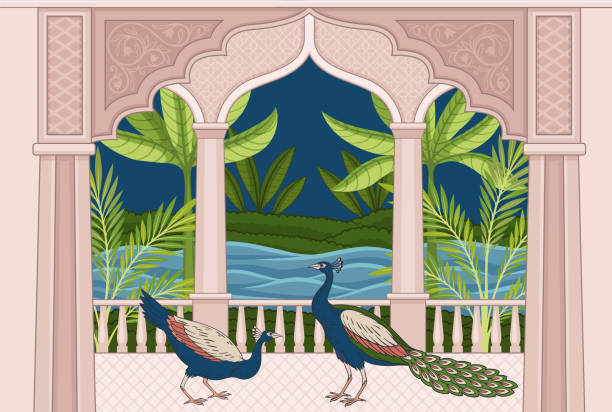 Mughal night concept Mughal night concept. Palace with garden and colorful birds. Eastern architecture with traditional ornaments. Bright peacocks with beautiful tails. Cartoon flat vector illustration mughal empire stock illustrations