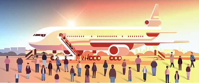 multiethnic people group standing near airplane mix race men women crowd at airport terminal sunset cityscape background horizontal full length vector illustration