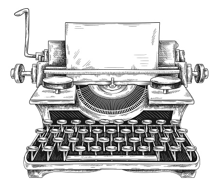 Typewriter machine. Vintage sketch publishing and journalism. Keyboard with buttons for typing text and articles for old newspapers. Retro equipment for writers. Cartoon flat vector illustration