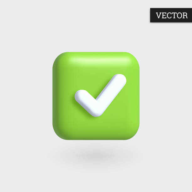 istock Check mark on green button 3d. Icon of a check mark on a button in green color in cartoon style. 1486518033