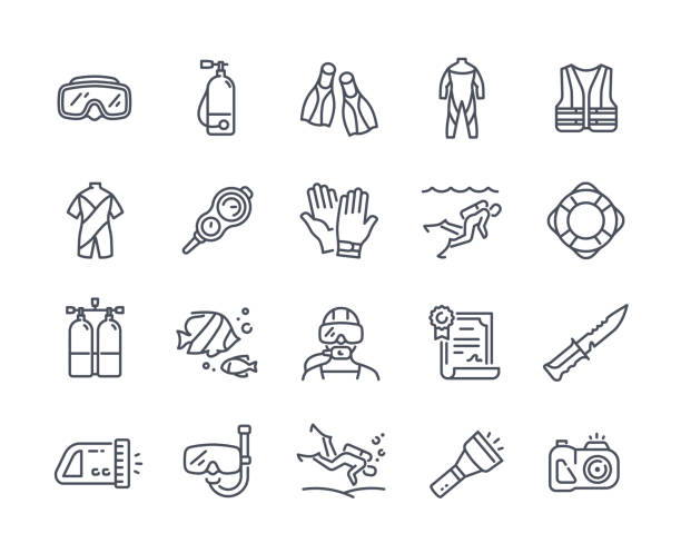 Diving line icons set Diving line icons set. Masks, fins, suit and gloves. Oxygen tanks, flashlight, life buoy and knife. Extreme sport and dangerous work. Linear simple vector illustrations isolated on white background cartoon of a swimming goggles stock illustrations