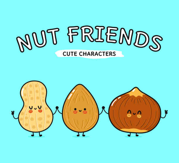 lucu, lucu bahagia almond, kacang tanah dan hazelnut - ercis famili kacang kacangan ilustrasi stok
