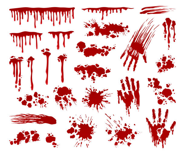 Blood splashes set Blood splashes set. Collection of splashes of red liquid and smudges. Happy Halloween decoration. Creepy and horror bloody spots. Cartoon flat vector illustrations isolated on white background blood wallpaper stock illustrations