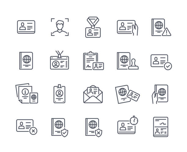 ilustraciones, imágenes clip art, dibujos animados e iconos de stock de conjunto de iconos de línea de id - insignia símbolo