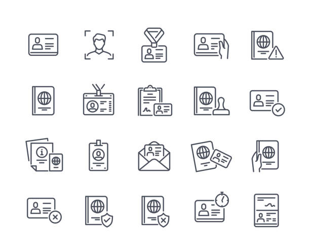 ID line icons set ID line icons set. Identity confirmation and verification. Documents and badge for journalists, ticket. Passport, driving license. Linear simple vector illustrations isolated on white background indentify stock illustrations