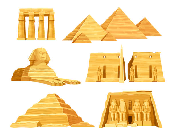 set arsitektur mesir kuno - nekropolis giza ilustrasi stok