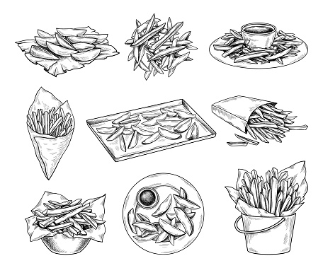 Set of hand drawn potato sketches. Icons and illustrations with french fries, baked potatoes, chips. Design elements for cafe menu or street fastfood. Linear collection isolated on white background