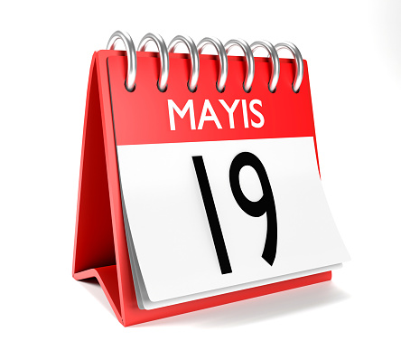 19 May calendar page on white background. 19 May Commemoration of Atatürk Youth and Sports Day concept. 3D render isolated on white background. Easy to crop for all your print sizes and social media needs.