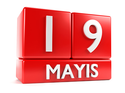 19 May calendar page on white background. 19 May Commemoration of Atatürk Youth and Sports Day concept. 3D render isolated on white background. Easy to crop for all your print sizes and social media needs.