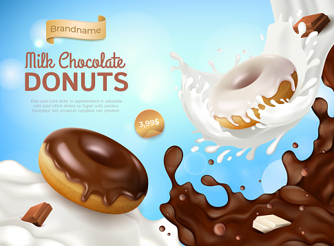 Realistic Detailed 3d Milk Chocolate Donuts Ads Banner Concept Poster Card with Milky Splash Effect. Vector illustration