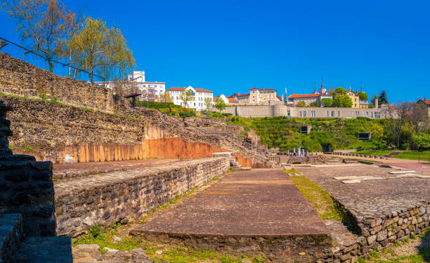 Ancient Roman amphitheater, Lyon, France, Théâtre Gallo Romain de Lyon-Fourvière, the stone steps and remaining ruined walls stock photo