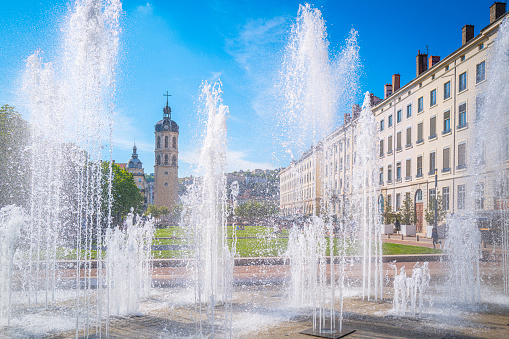 Fountain and Tower in Charité de Lyon Hospital at Place Antonin Poncet, Lyon, France