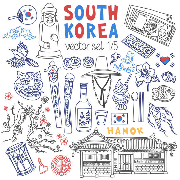한국의 전통 상징, 음식, 랜드마크가 낙서에 담겨 있다. - 제주도 stock illustrations